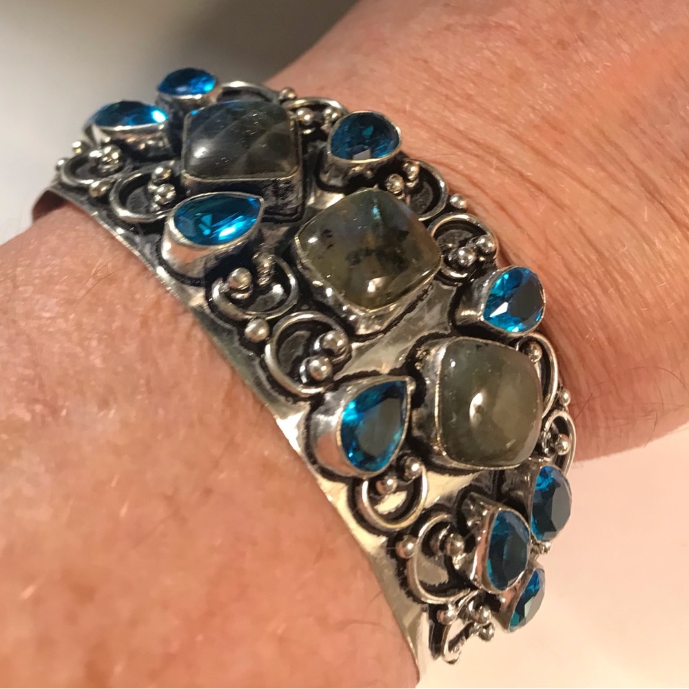 Labradorite Blue Topaz Stamped 925 Sterling Silver Cuff Bracelet